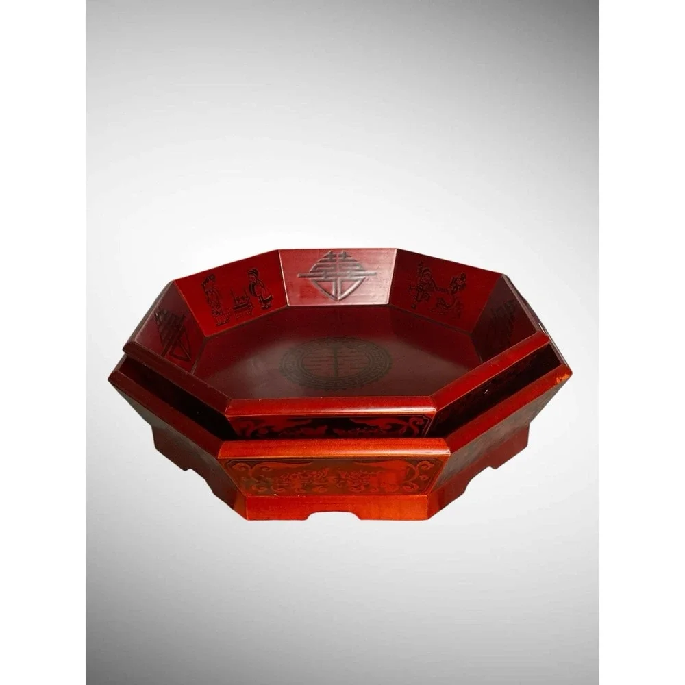 Vintage Korean Red Octagon Wooden Stack Serving Platter Trays Bowl Set Of‎ 2